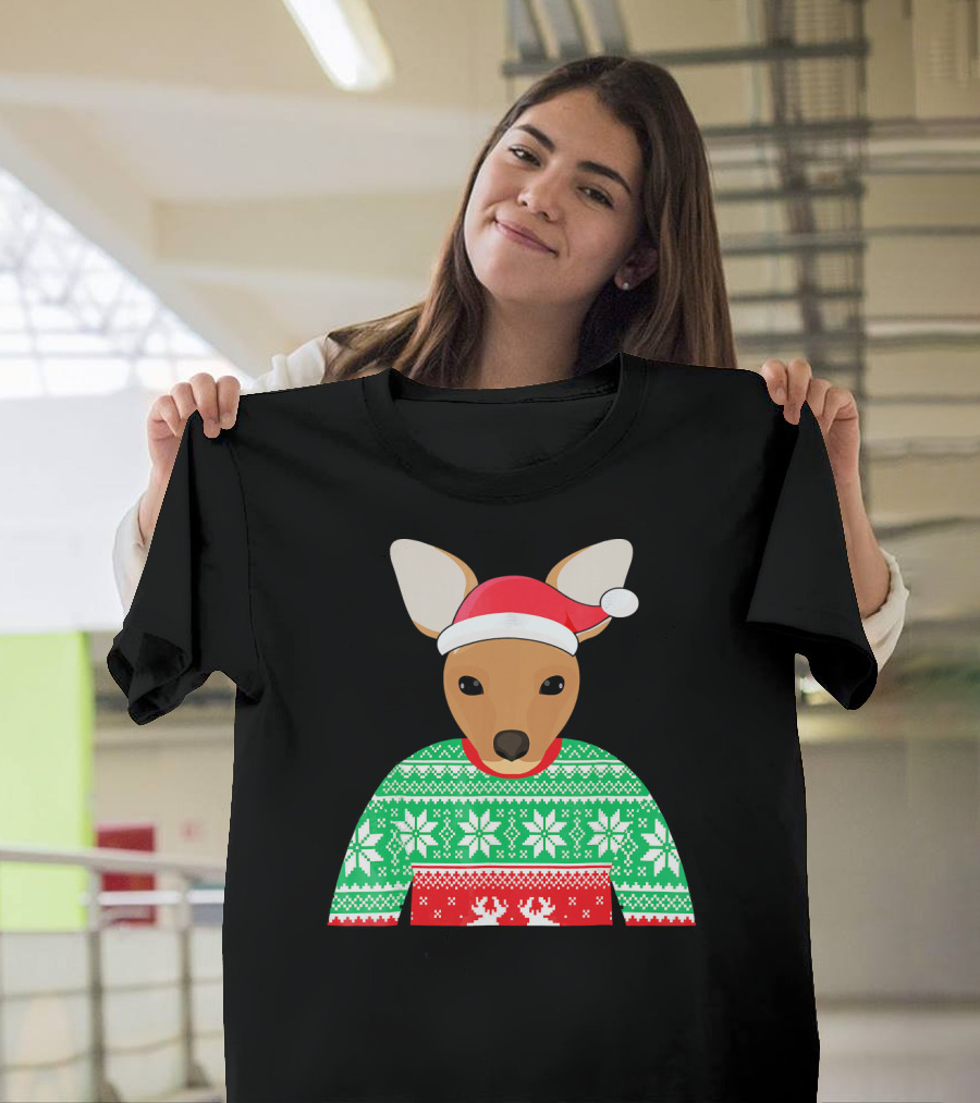Funny Kangaroo in Christmas Sweater with Santa Hat T-Shirt