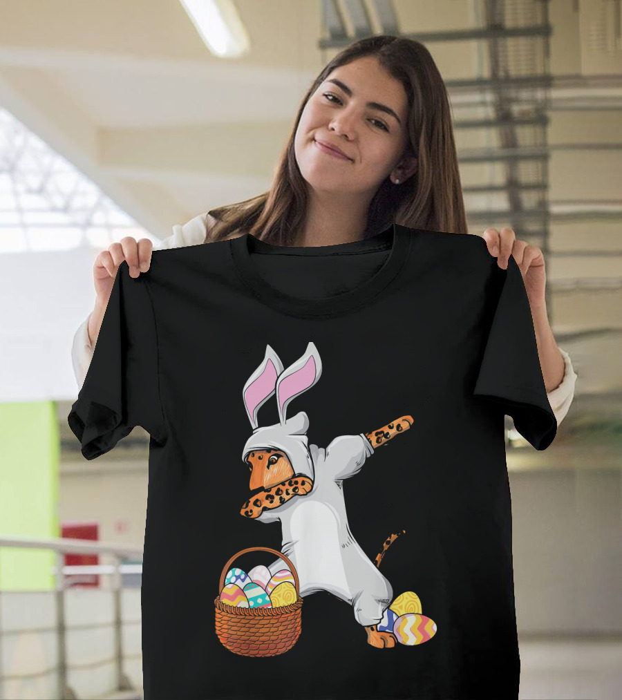 Dabbing Leopard in Easter Bunny Outfit with Basket of Eggs T-Shirt