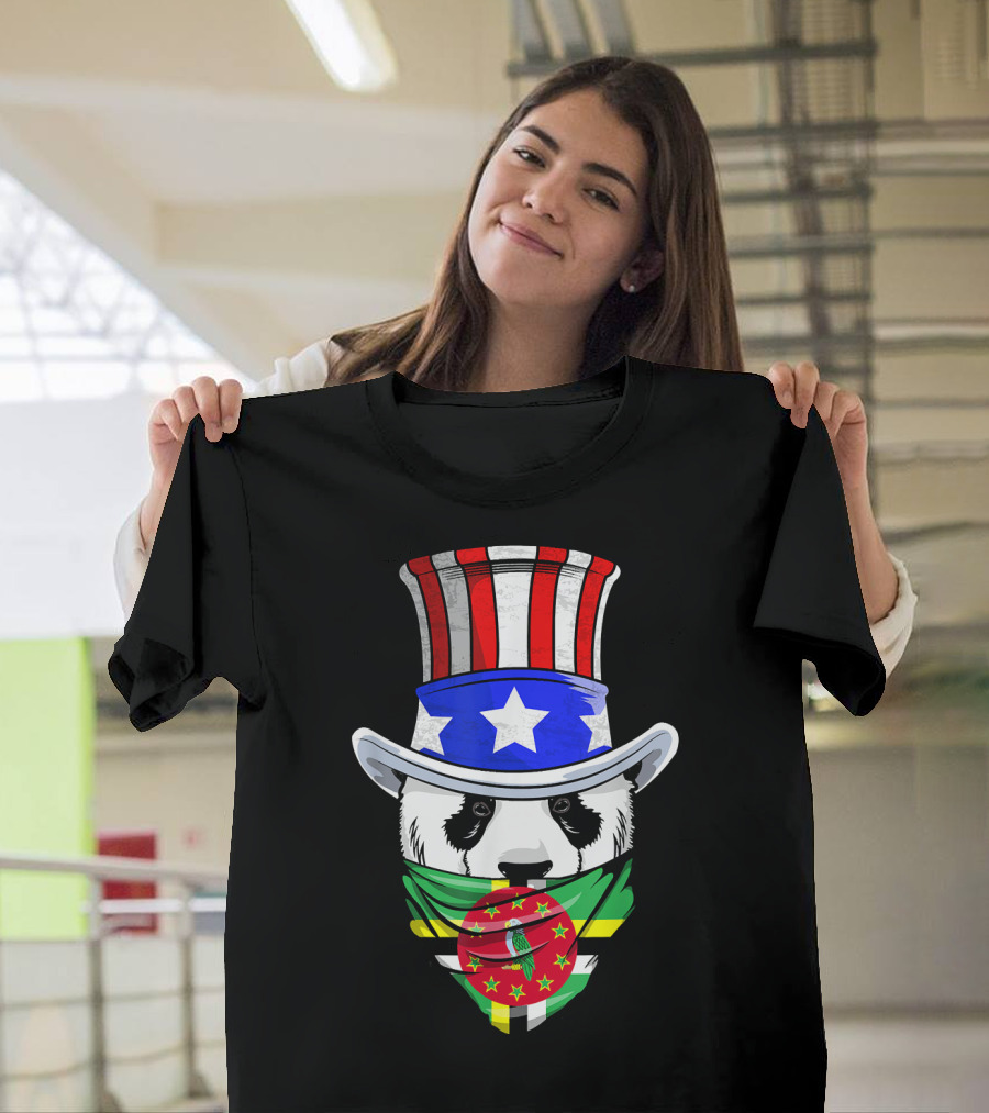 Dominican Panda Bear with Uncle Sam Hat and Dominica Flag Bandana T-Shirt