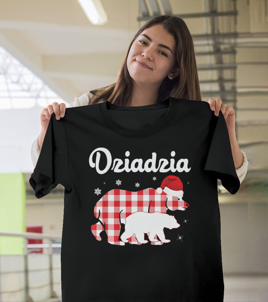 Dziadzia Christmas Polar Bears in Santa Hat Red Plaid Snowflakes T-Shirt