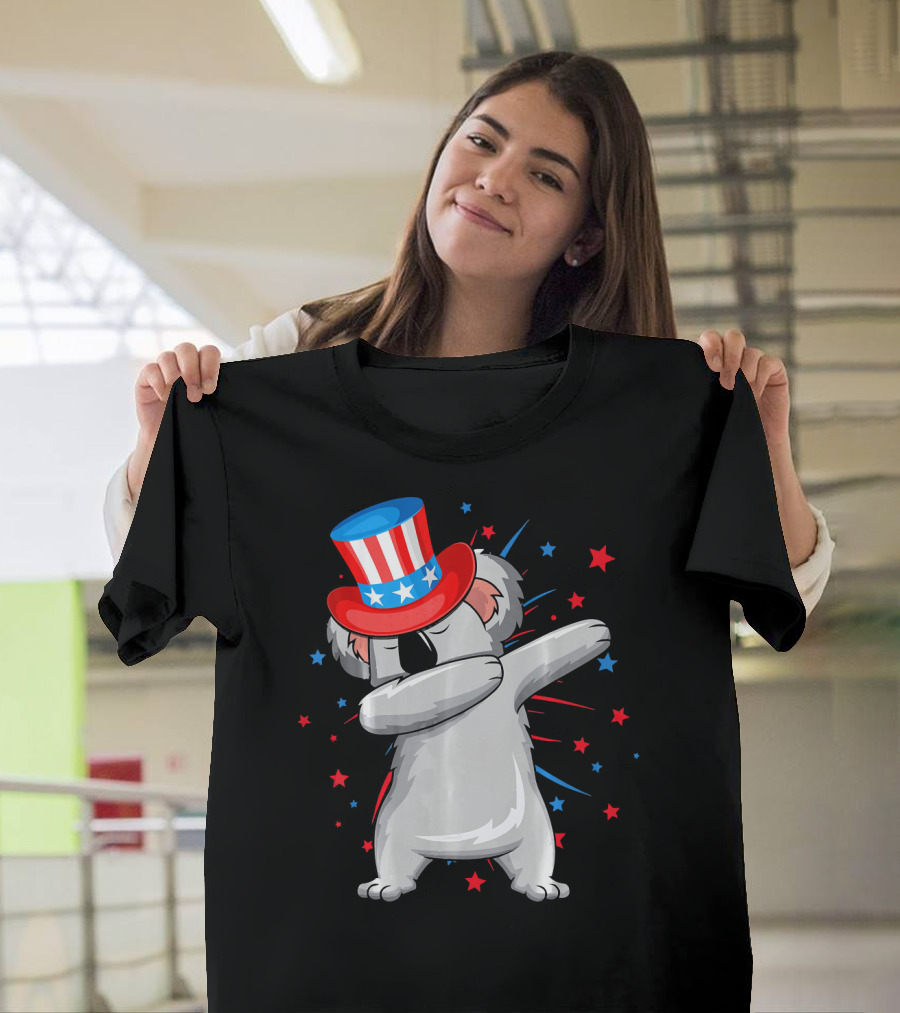 Dabbing Koala with Patriotic USA Hat and Firework Stars T-Shirt