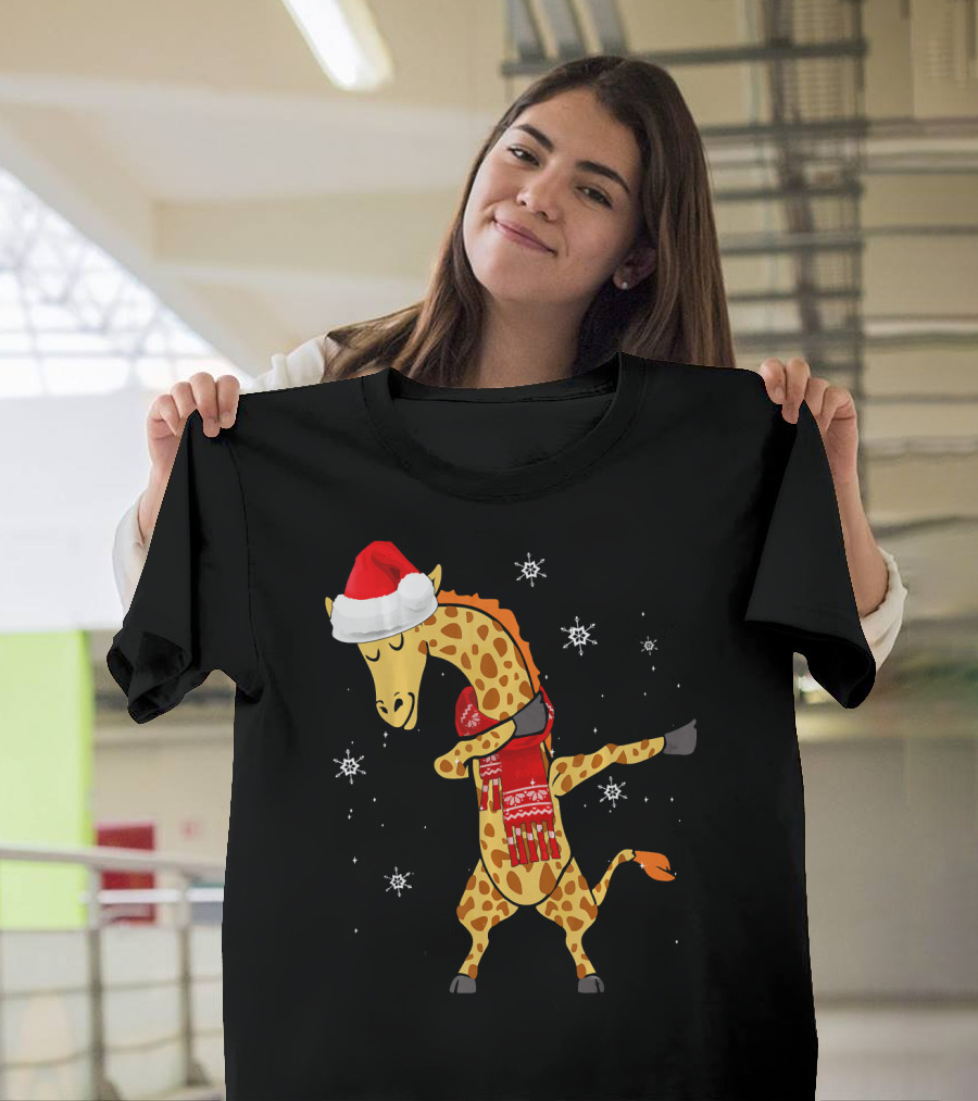 Dabbing Giraffe Santa with Red Scarf Surrounded by Snowflakes T-Shirt