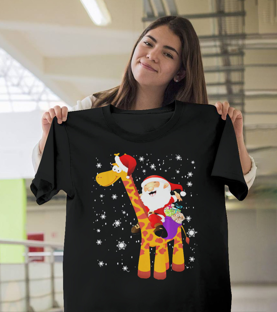 Santa Claus Joyfully Riding Giraffe with Presents and Snowflakes T-Shirt