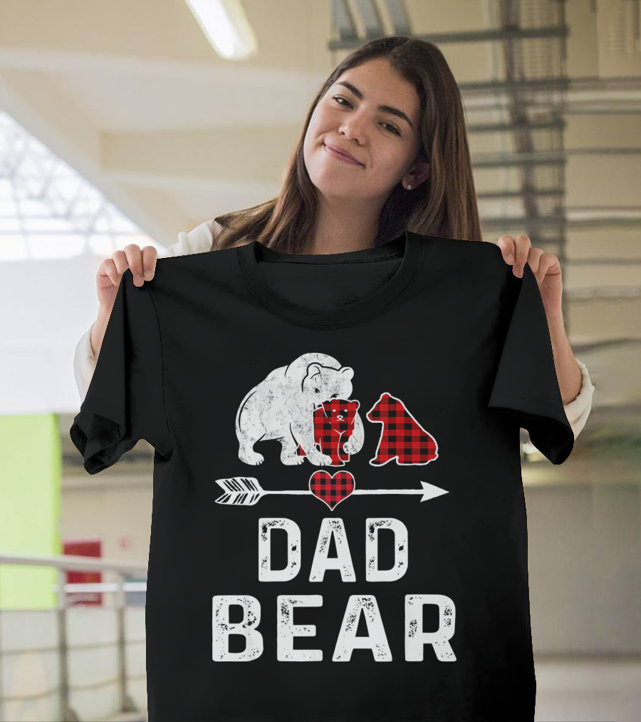 Dad Bear Red Plaid Buffalo Matching Arrow Heart T-Shirt