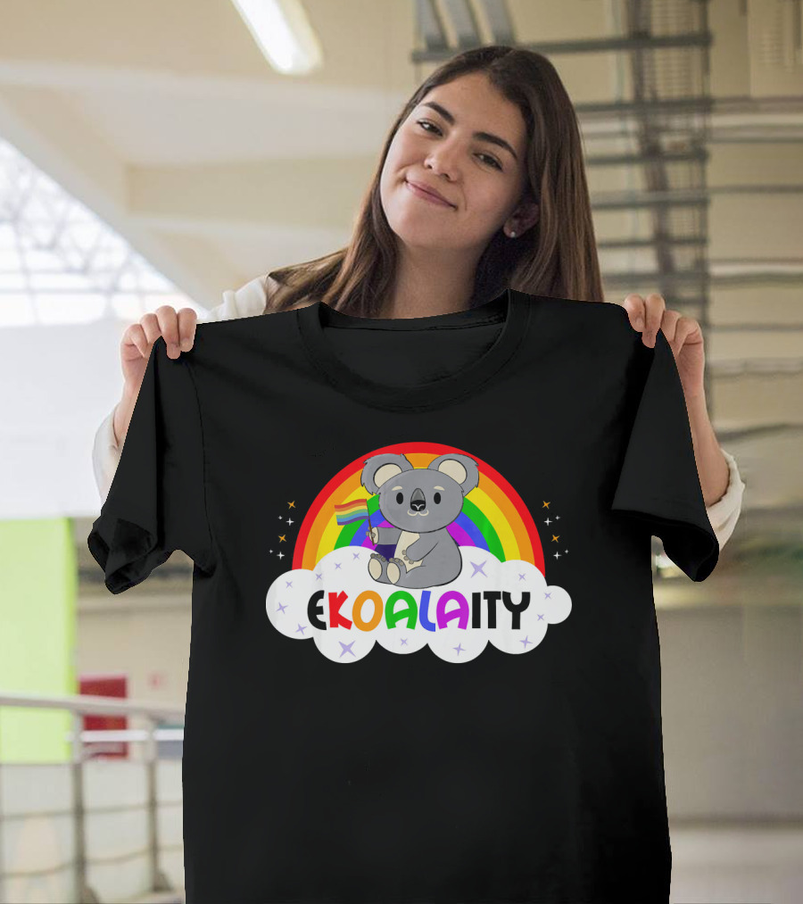 EKOALAITY Cute Koala Holding Rainbow Flag Cloud Background T-Shirt