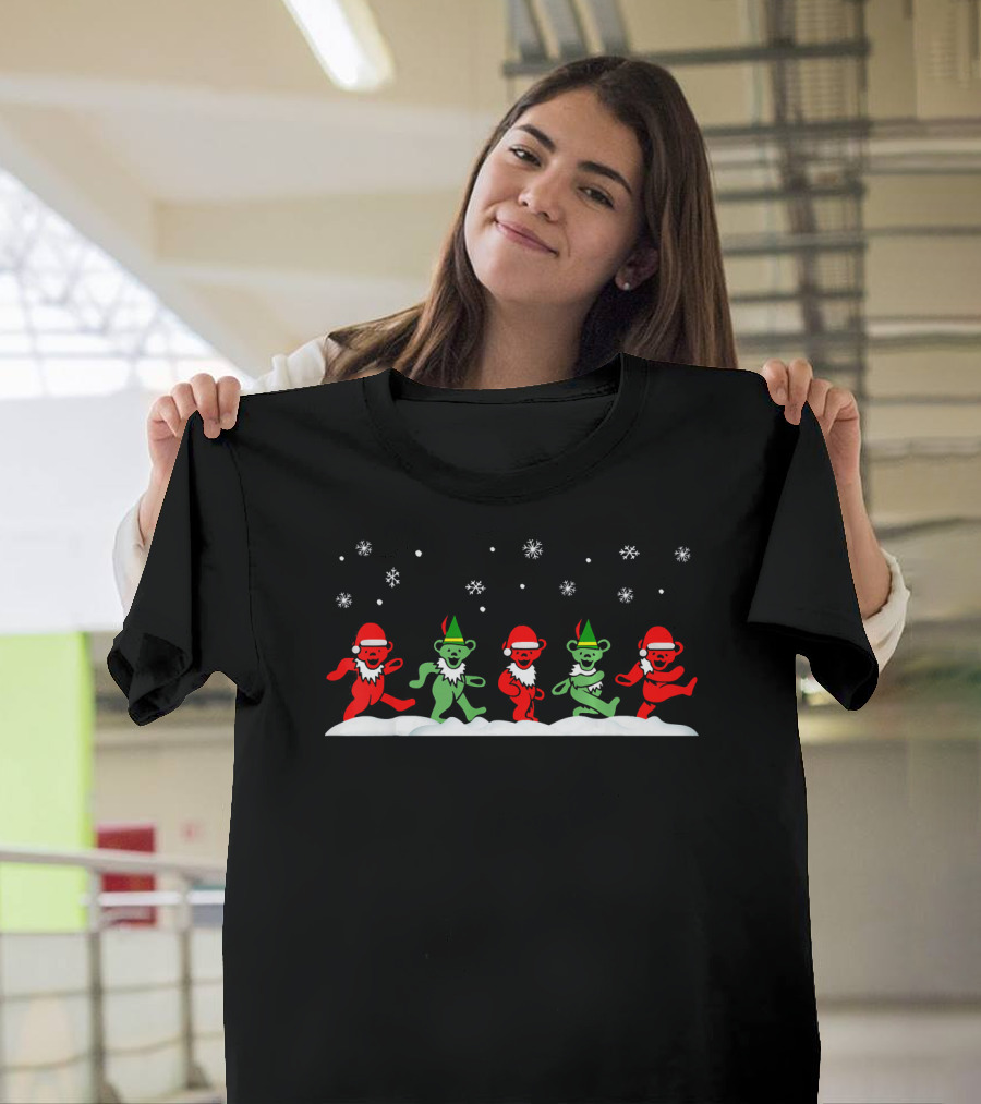 Dancing Santa Elf Bears Festive Snowflakes T-Shirt