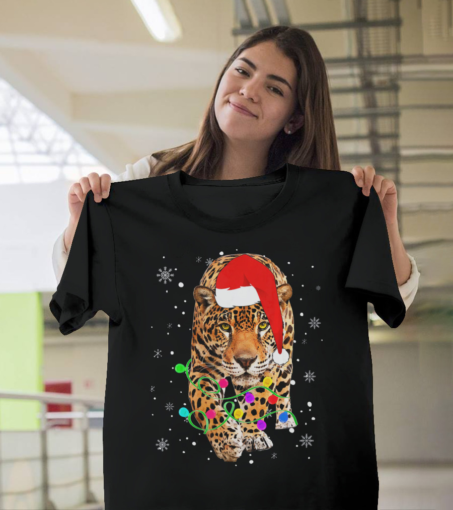 Jaguar in Santa Hat and Christmas Lights with Snowflakes T-Shirt