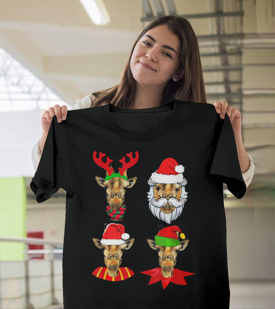 Giraffe Reindeer Santa Elf Christmas Faces T-Shirt