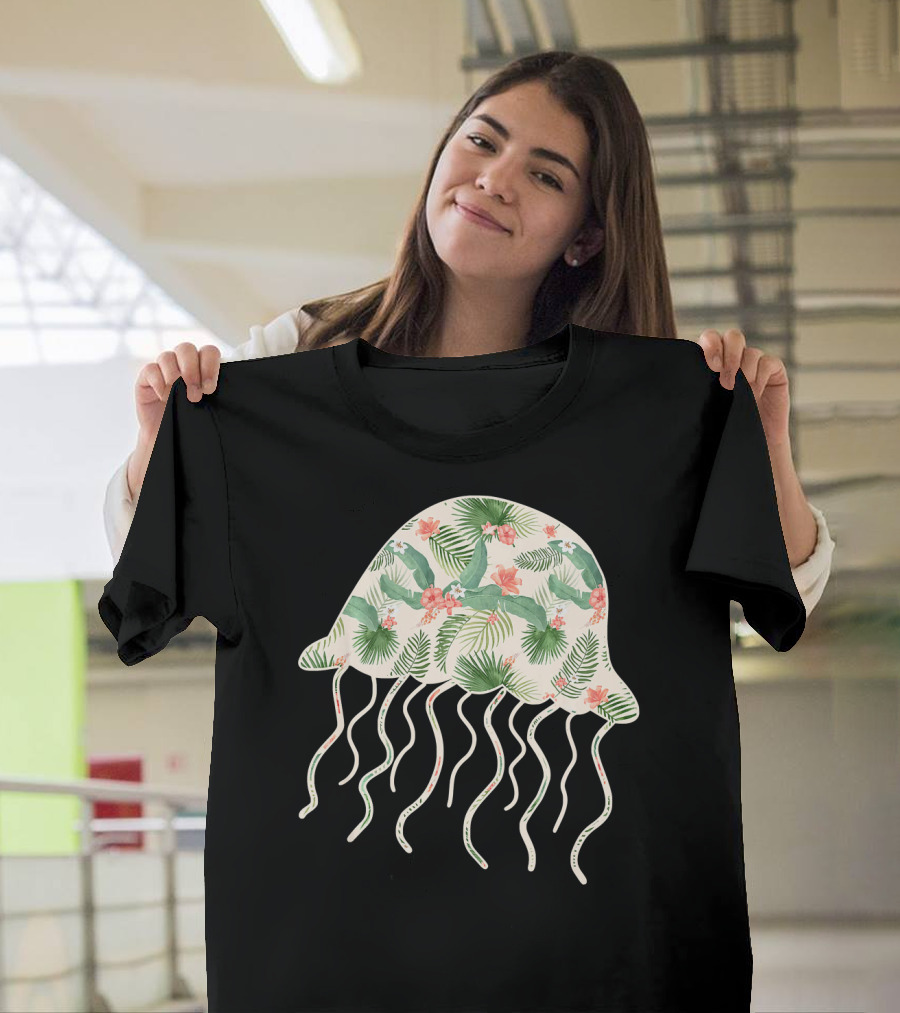 Jellyfish Flower Girl Print Tropical Floral Salp T-Shirt
