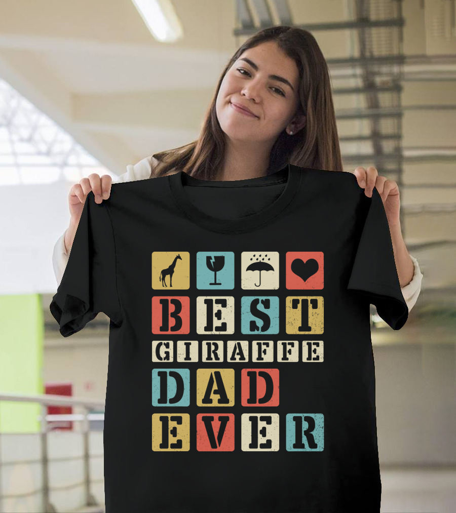 Best Giraffe Dad Ever Heart Umbrella Wine Glass Silhouettes Blocks T-Shirt