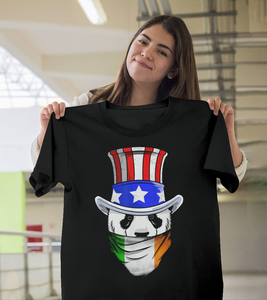Irish Panda Bear Wearing Uncle Sam Hat Holding Ireland Bandana Flag T-Shirt