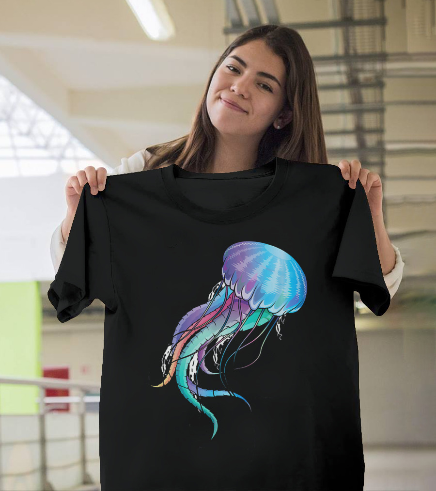 Jellyfish Swimming Underwater Cute Bioluminescent Vivid Rainbow T-Shirt
