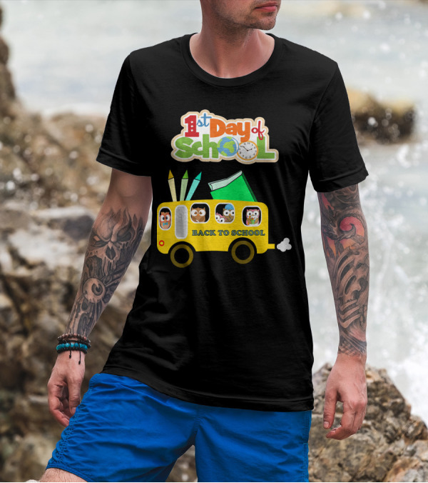 1st Day Of School Back To School Owl On School Bus T-Shirt
