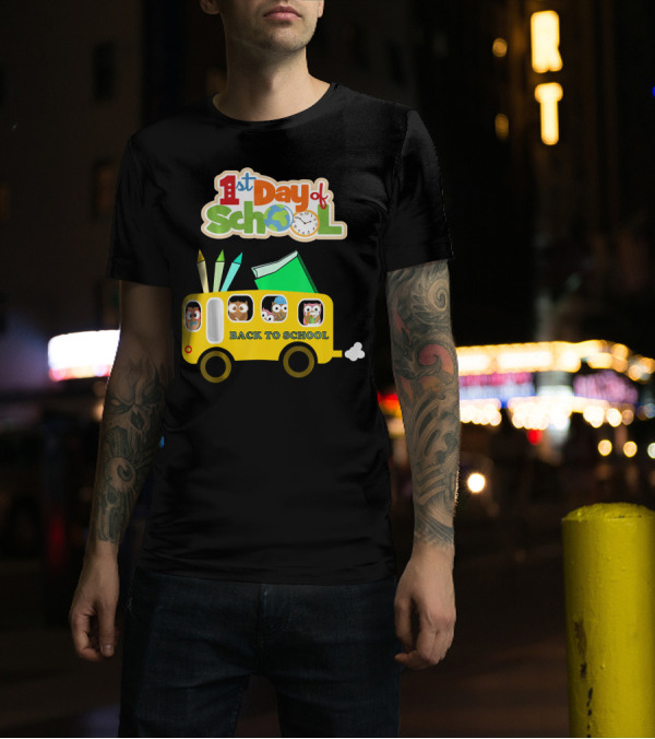 1st Day Of School Back To School Owl On School Bus T-Shirt