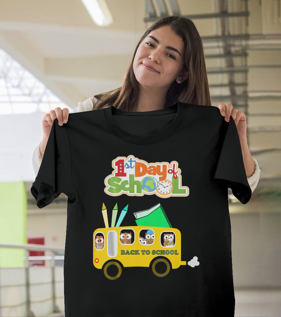 1st Day of School Back to School Owl on School Bus T-Shirt