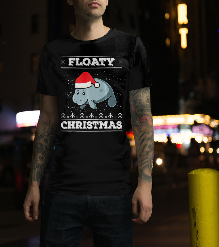 Floaty Christmas Manatee Santa Hat Holiday Bubbles T-Shirt