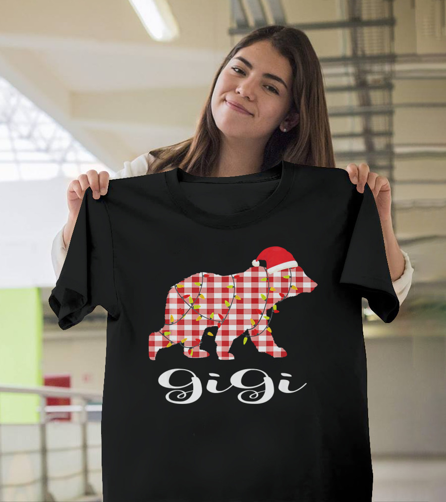 Gigi Bear Christmas Red Plaid Santa Hat and Lights T-Shirt