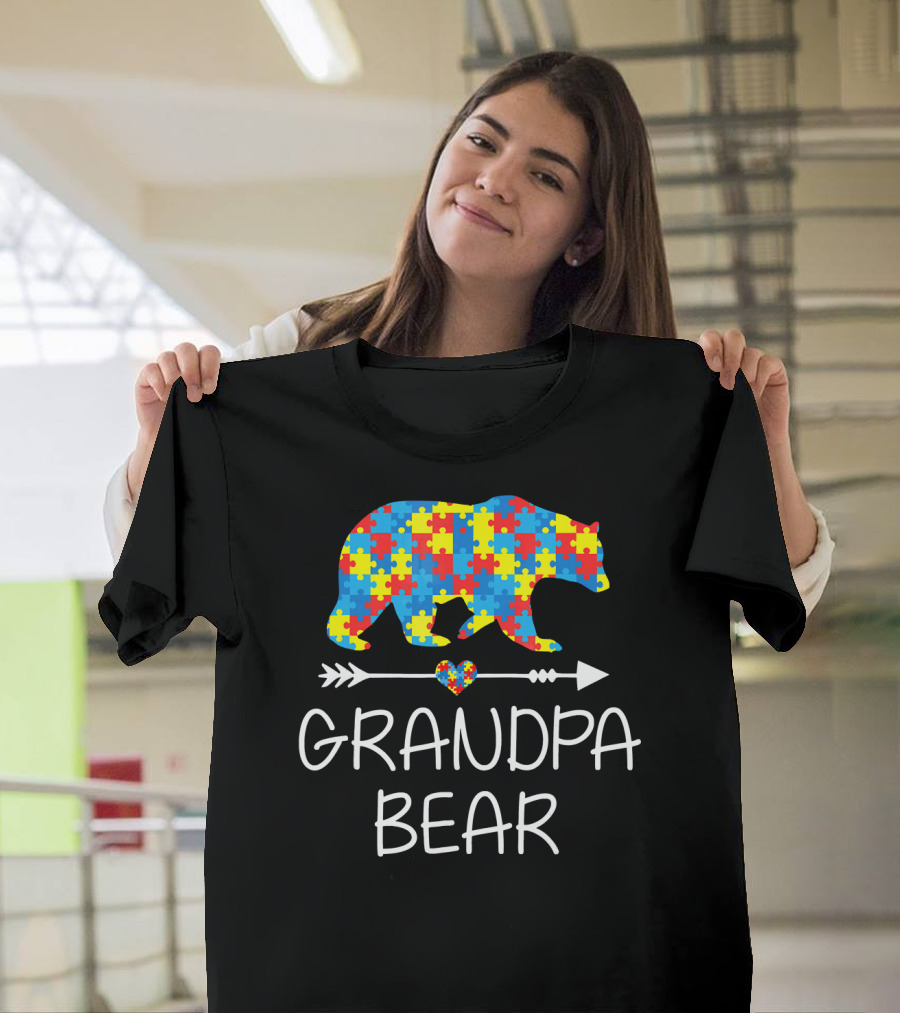 Grandpa Bear Autism Awareness Puzzle Heart Arrow T-Shirt