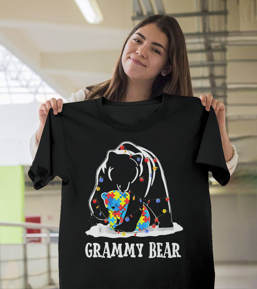 Grammy Bear Autism Awareness with Puzzle Pattern and Colorful Lights T-Shirt