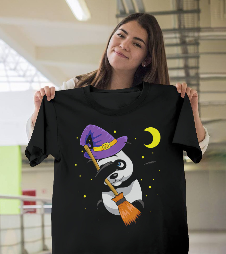 Halloween Dabbing Panda Witch Hat Broom Moon T-Shirt