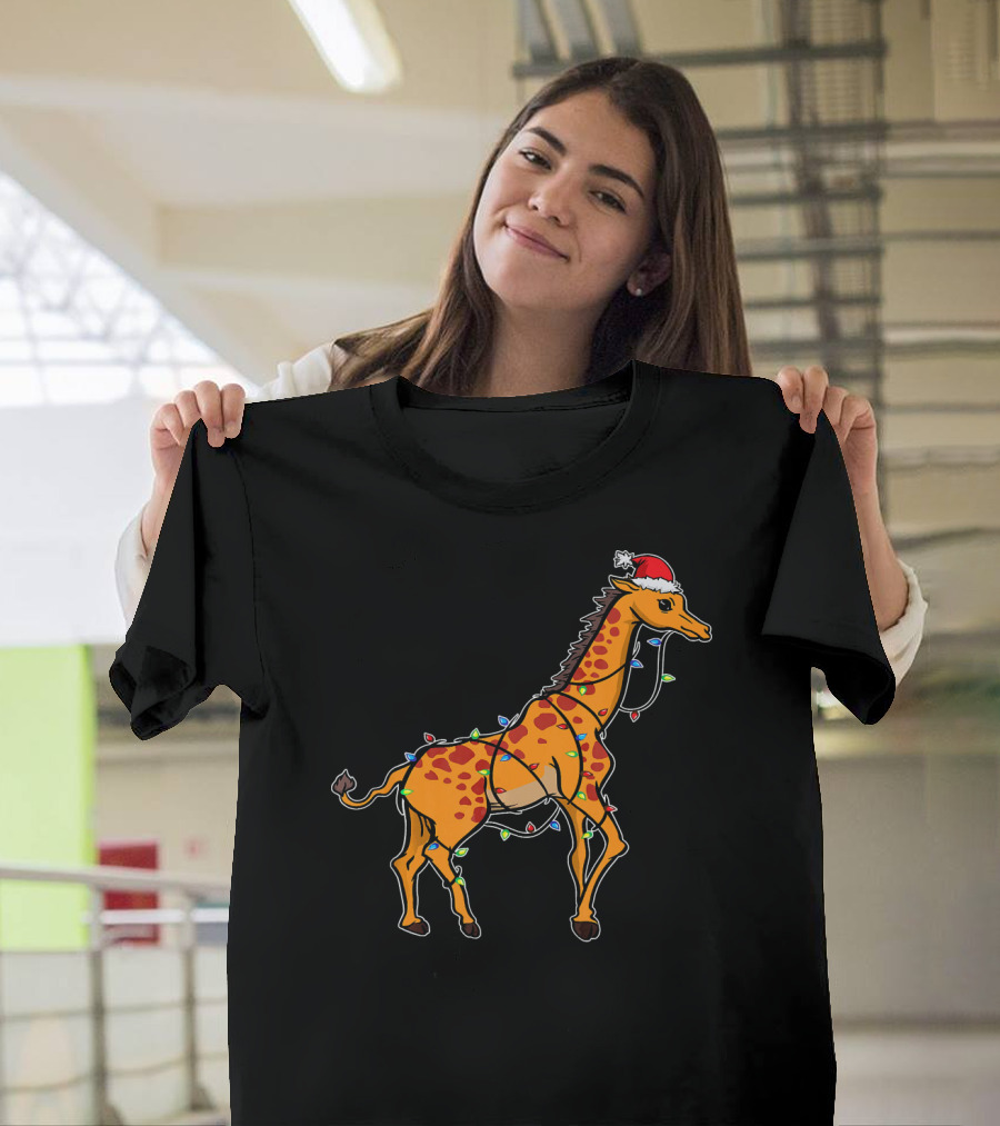 Giraffe Santa Wrapped in Colorful Christmas Lights with Santa Hat T-Shirt