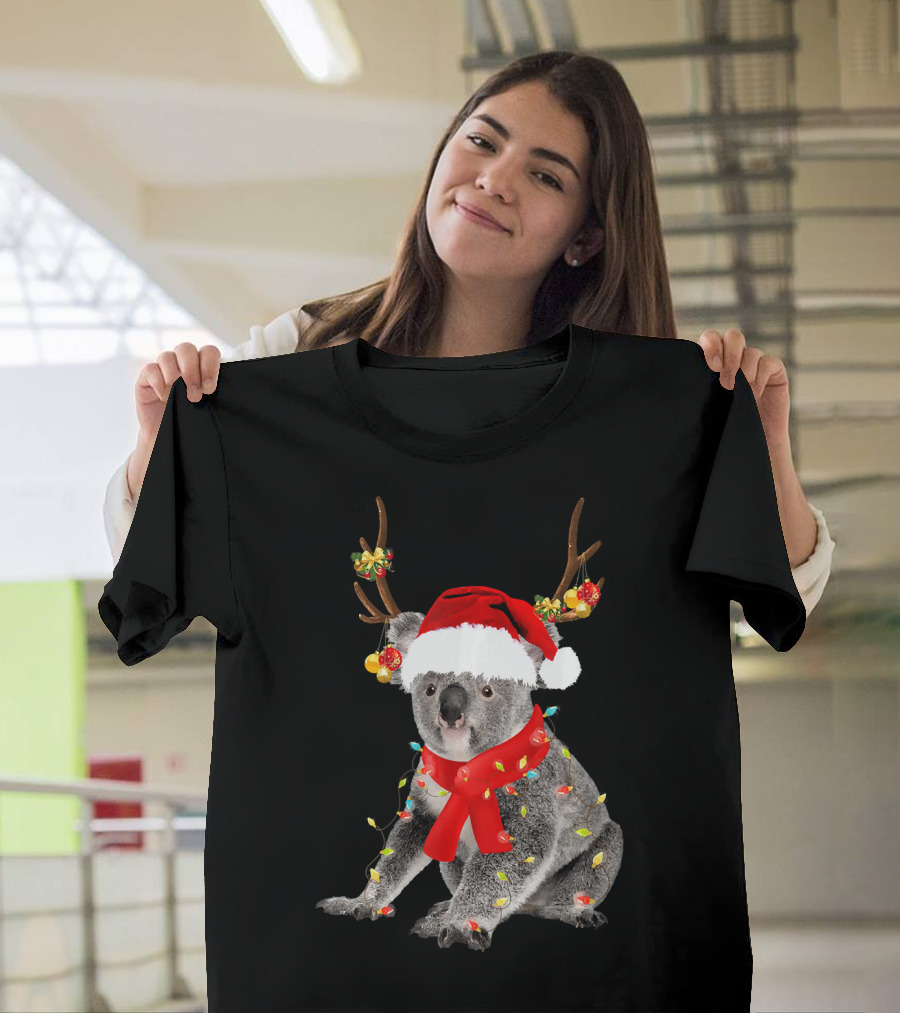 Koala Bear with Santa Hat and Christmas Lights Wrapped in Festive Antlers T-Shirt