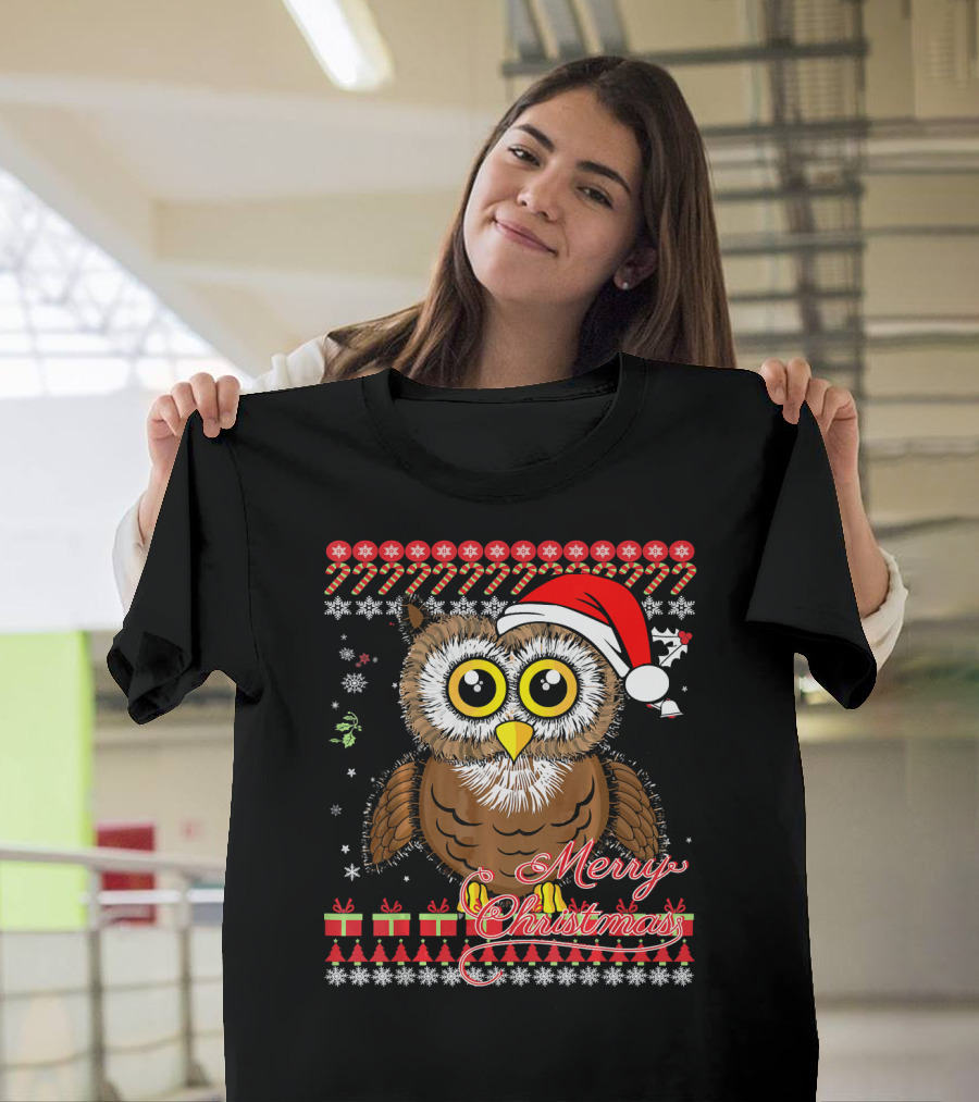 Merry Christmas Love Owls Owl Santa Hat Ugly Christmas Swe T-Shirt