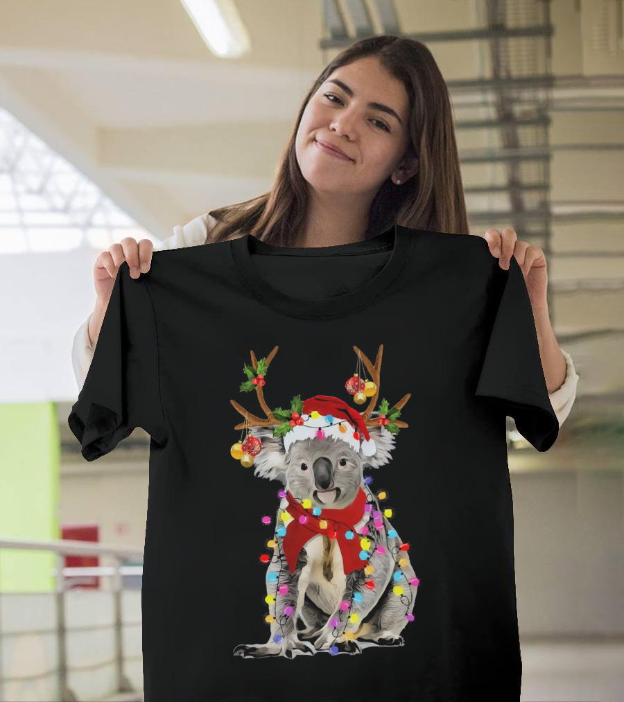 Koala Reindeer with Santa Hat and Festive Christmas Lights T-Shirt