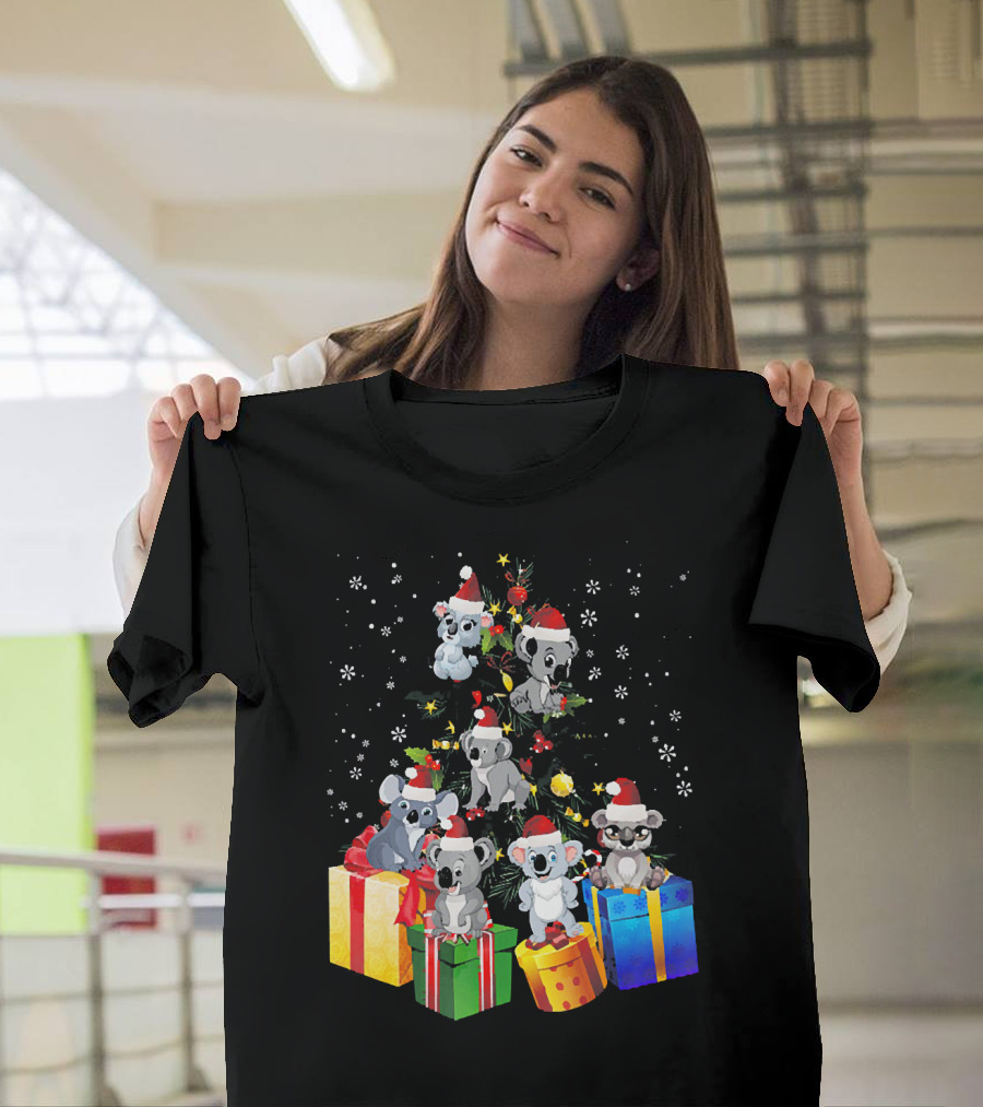 Koala Christmas Pine Tree with Santa Hats and Gifts T-Shirt