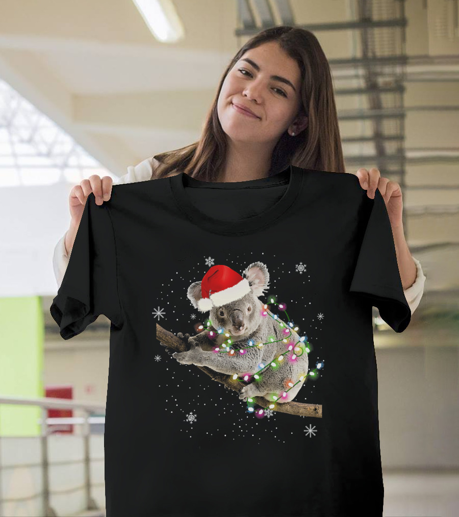 Koala Wrapped in Christmas Lights with Santa Hat Festive Matching Fam T-Shirt