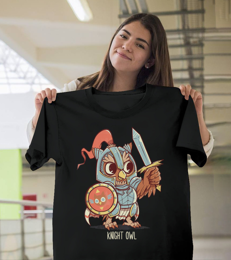 Knight Owl Medieval Warrior Bird with Sword and Shield T-Shirt