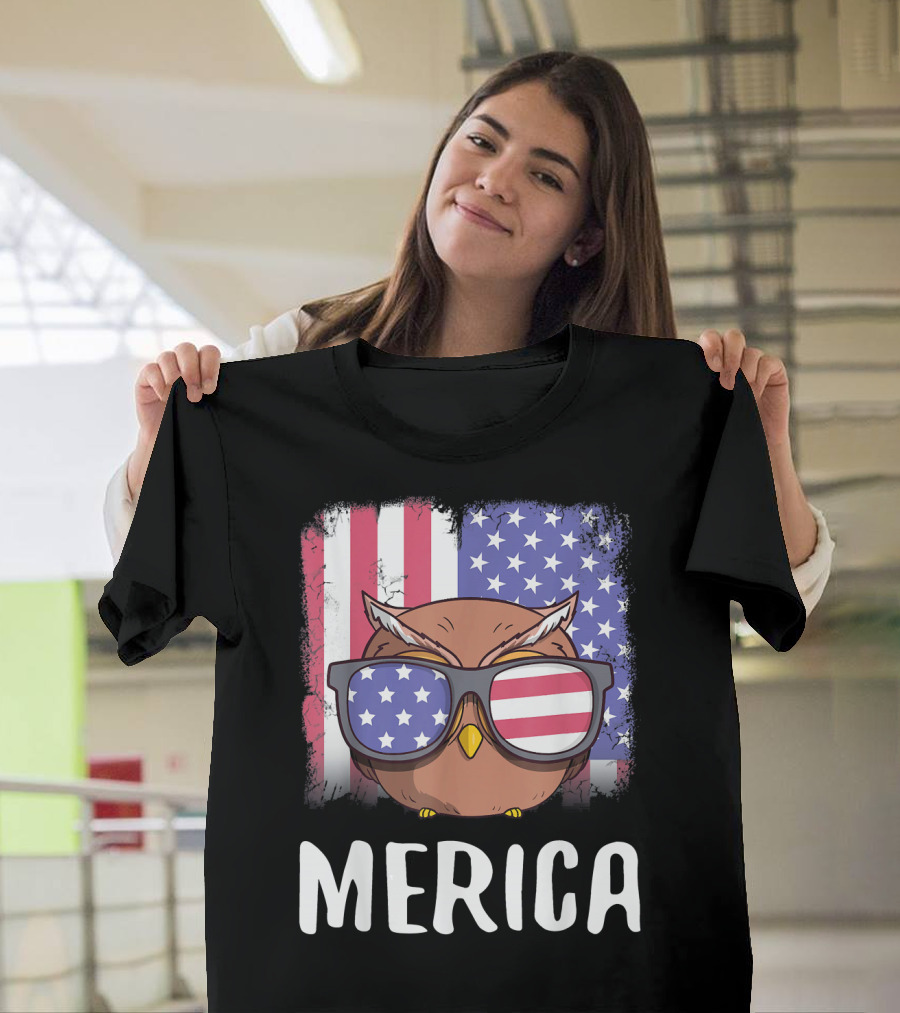 Merica Owl Bird USA American Flag Glasses T-Shirt