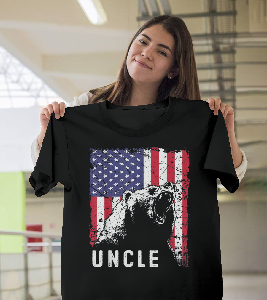 Mens Retro Distressed Uncle Bear American Flag T-Shirt