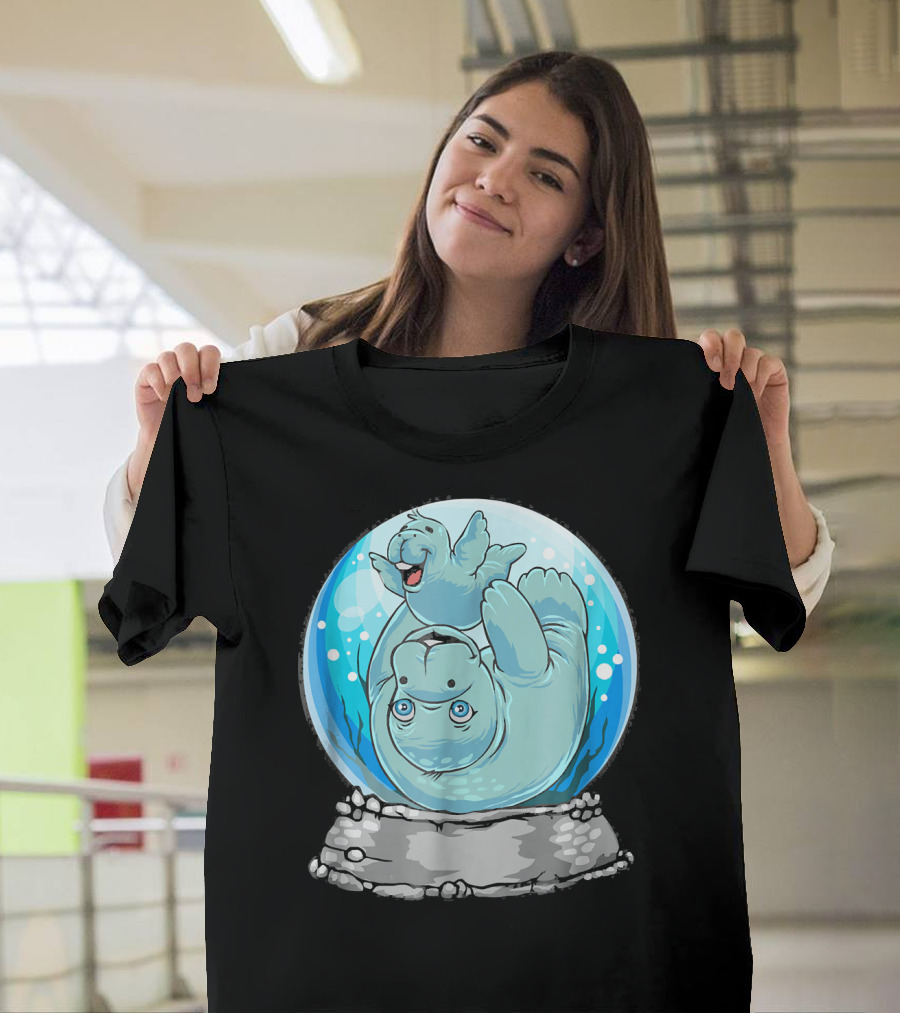 Manatee Mom and Baby in Cute Snow Globe Playful Scene T-Shirt