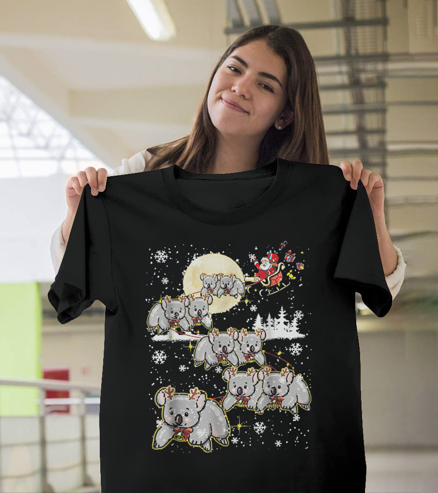Santa Sleigh with Reindeer Koalas Christmas Moon Snowflakes T-Shirt