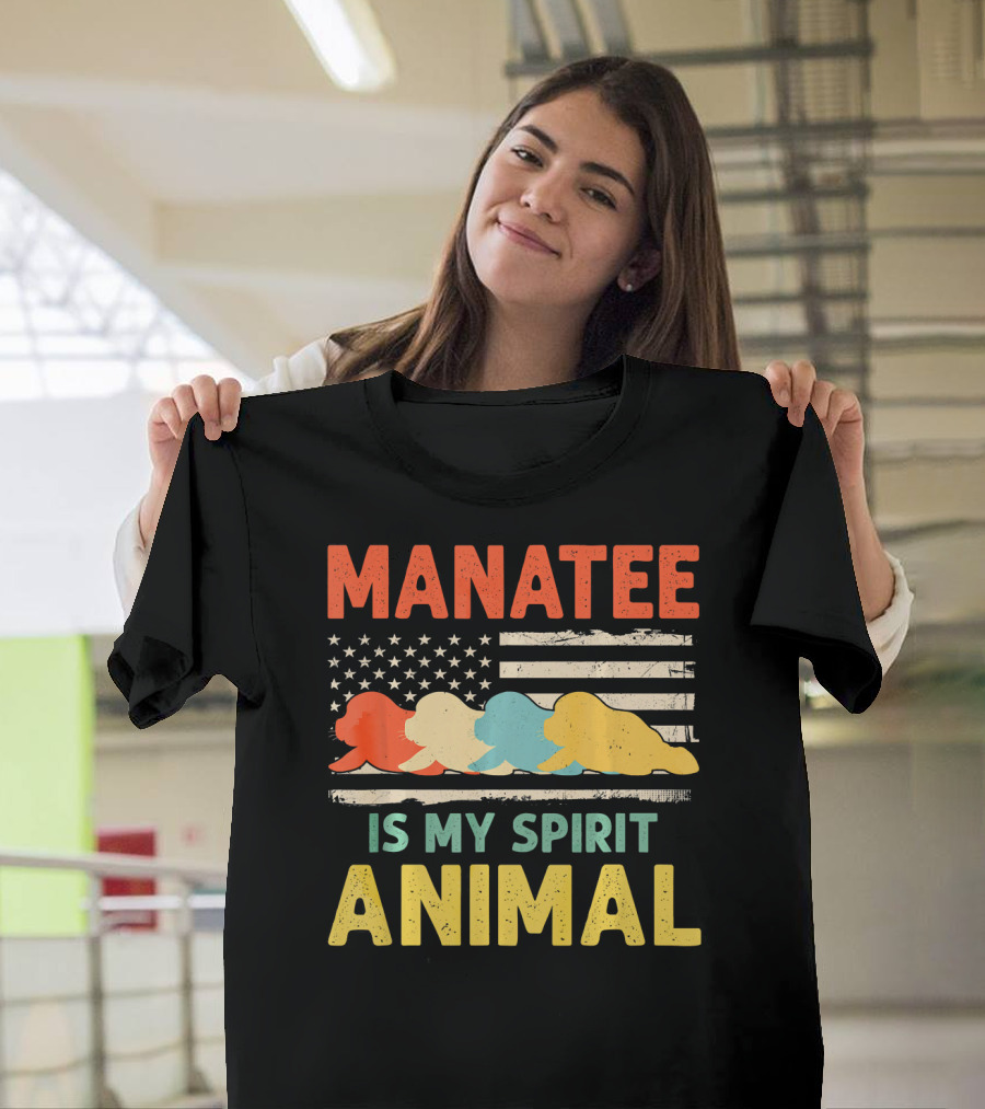 Manatee Is My Spirit Animal USA Flag Retro Colors T-Shirt