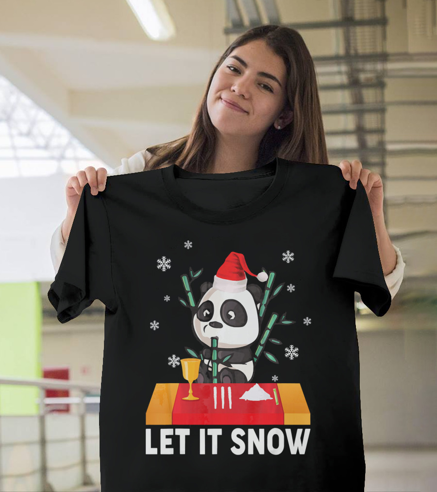 Let It Snow Panda with Santa Hat Bamboo and Snowflakes T-Shirt