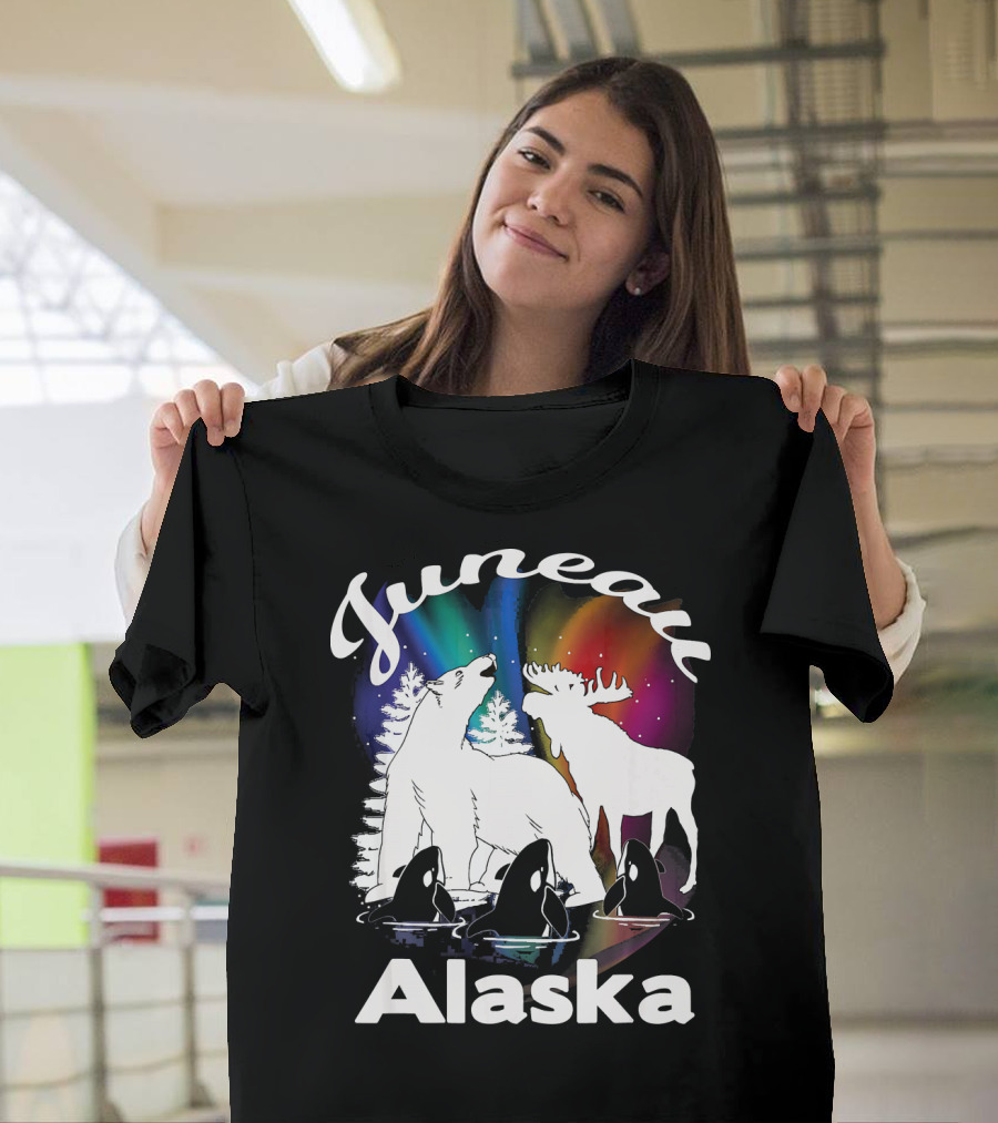 Juneau Alaska Aurora Borealis Bear Moose Whale T-Shirt