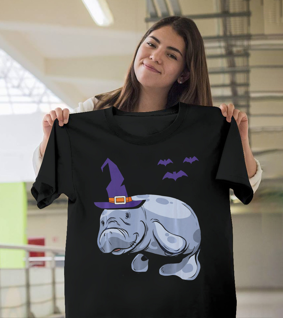 Lazy Witch Manatee Halloween Sea Cow with Purple Hat and Flying Bats T-Shirt