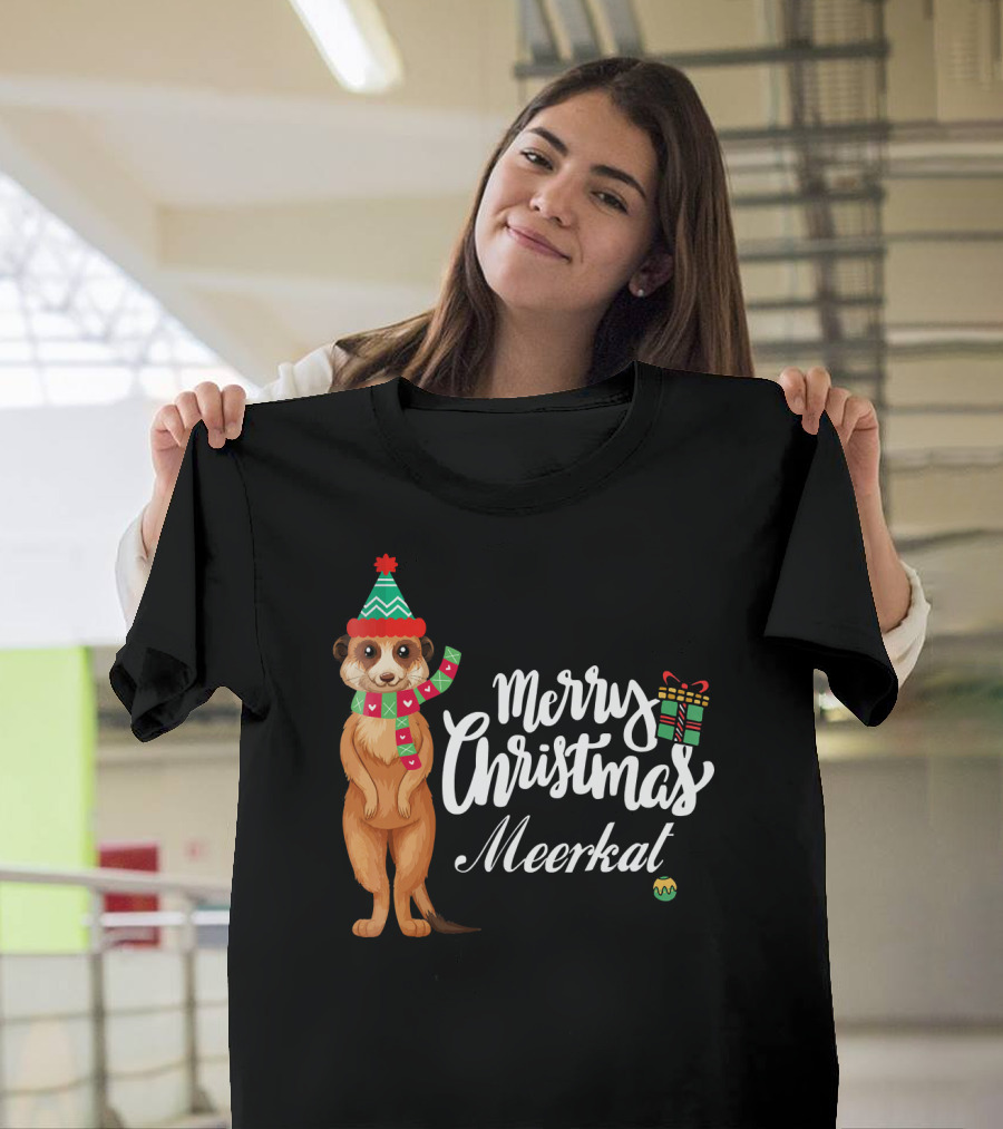 Merry Christmas Meerkat with Festive Hat and Scarf T-Shirt