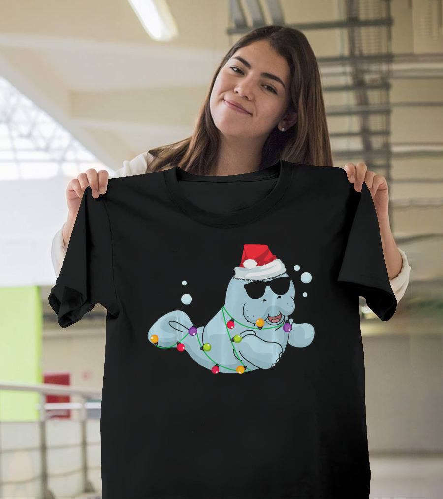 Manatee Cute Sunglasses Santa Hat Christmas Lights Bubbles T-Shirt
