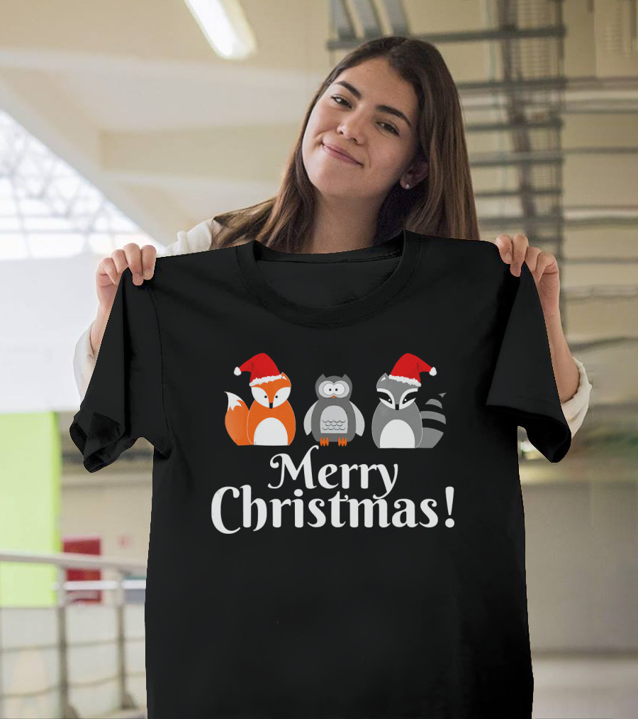 Merry Christmas Cute Fox Owl Raccoon Santa Hats T-Shirt