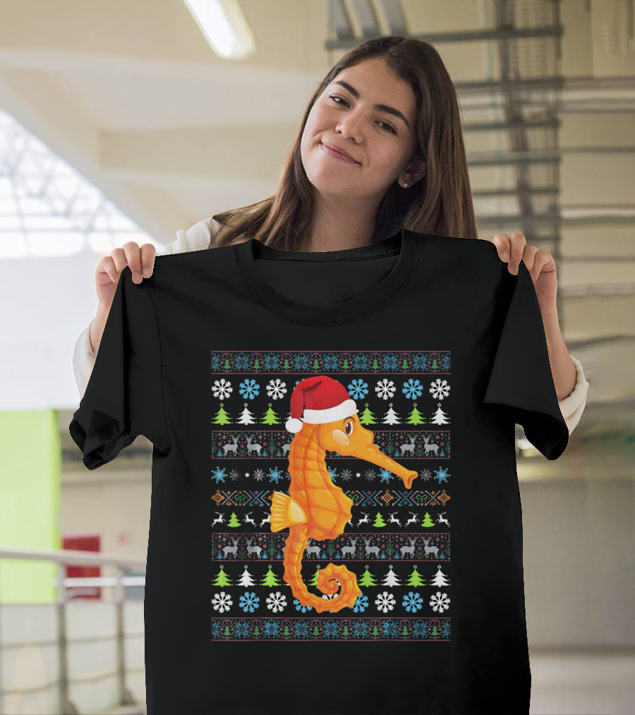 Santa Hat Seahorse Christmas Ugly Sweater Snowflakes Trees and Reindeer T-Shirt