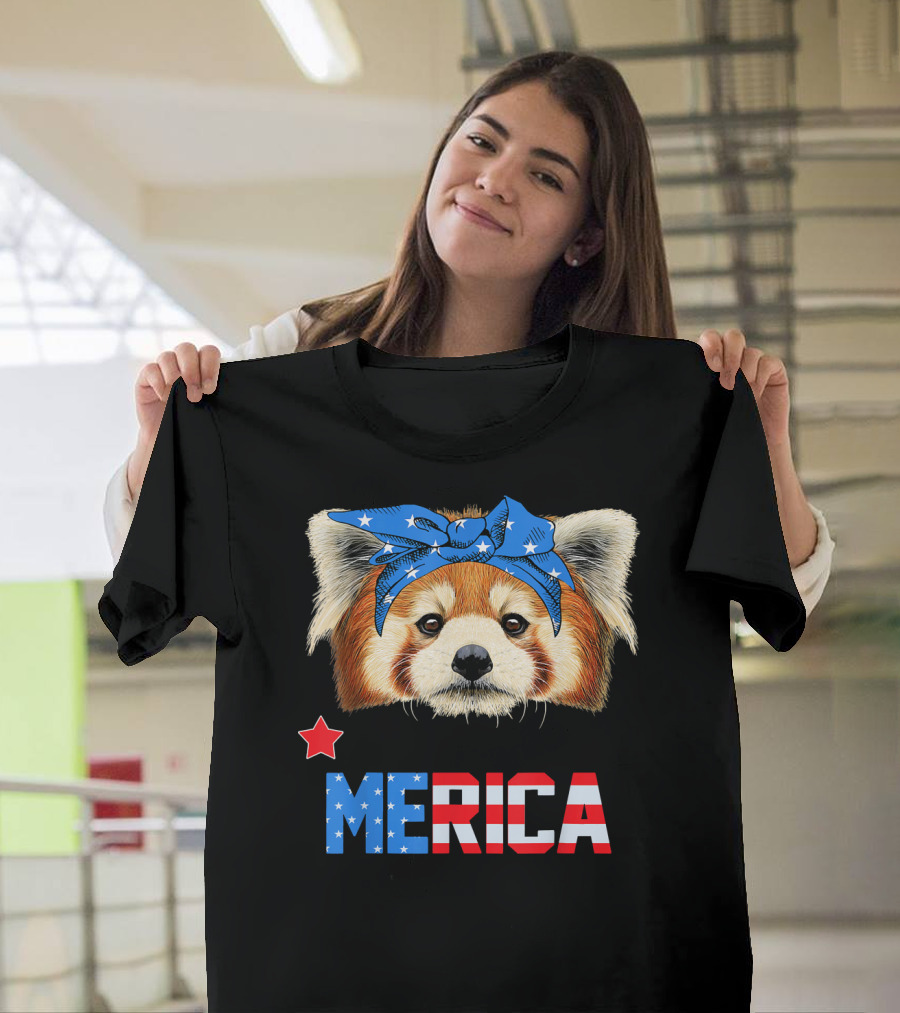 Red Panda Merica with Star and American Flag Headband T-Shirt