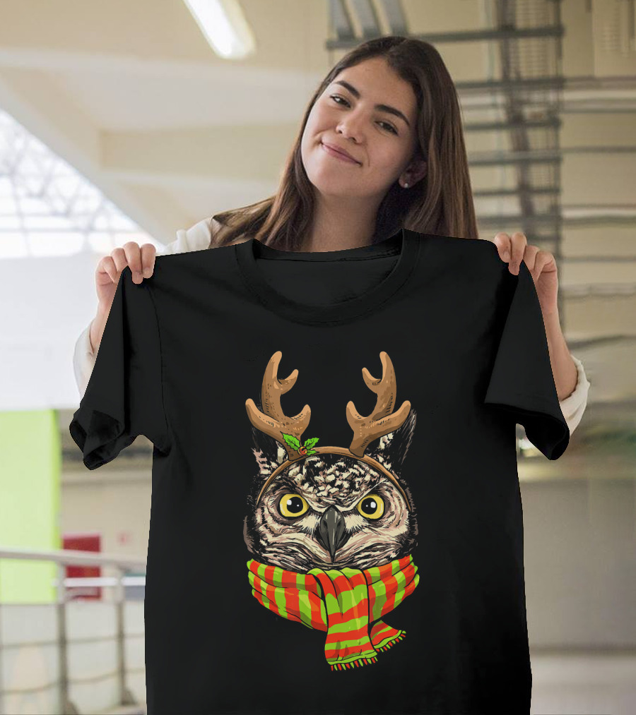 Owl with Reindeer Antlers and Christmas Scarf T-Shirt