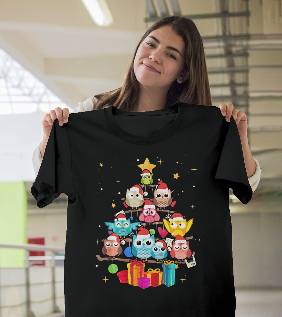 Owl Christmas Tree with Santa Hats and Gifts T-Shirt