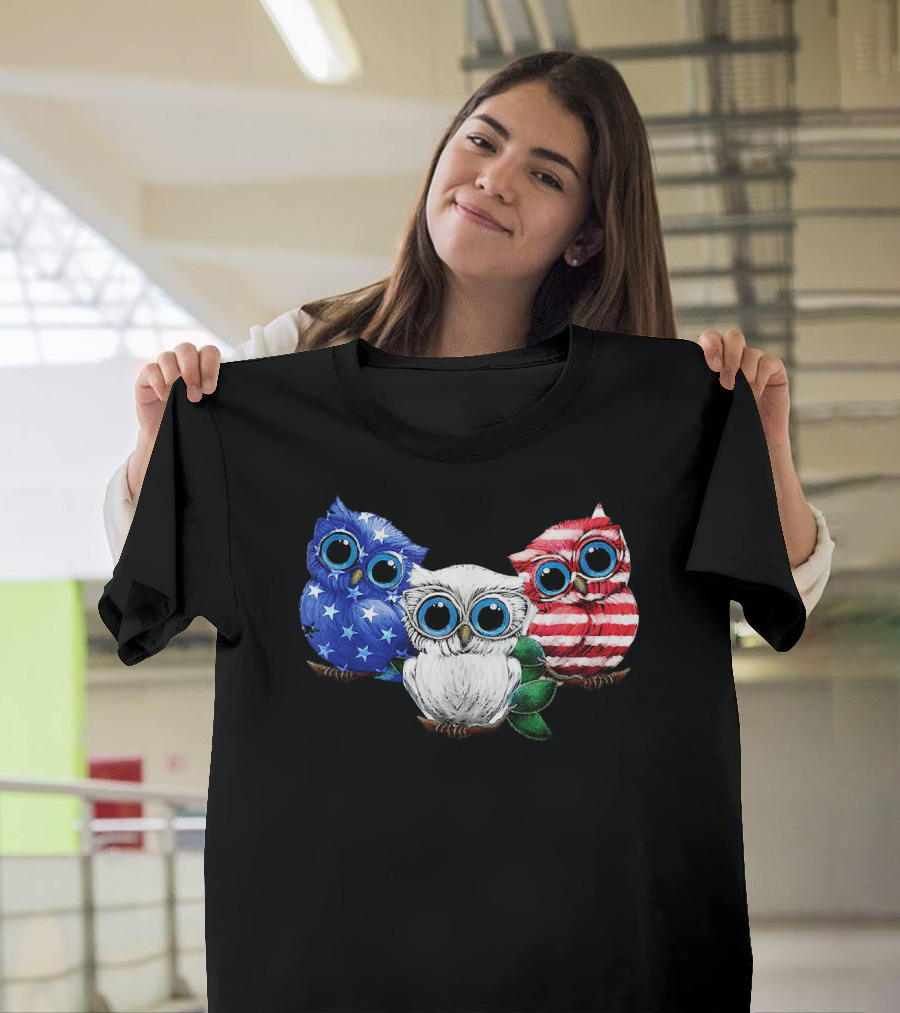 Owl Blue White Red Flag Stars Stripes Ladies 4th Of July T-Shirt