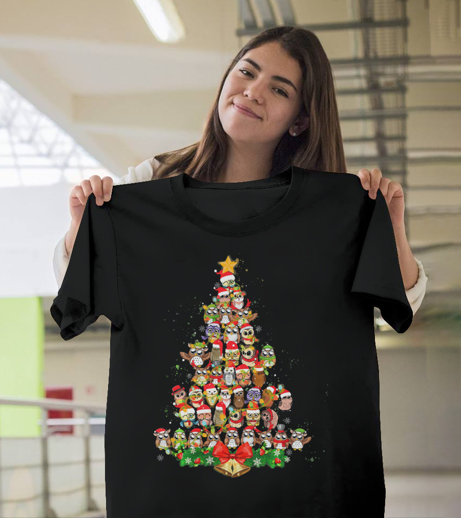 Owl Christmas Tree Costume for Owl Lover with Santa Hats and Star Topper T-Shirt