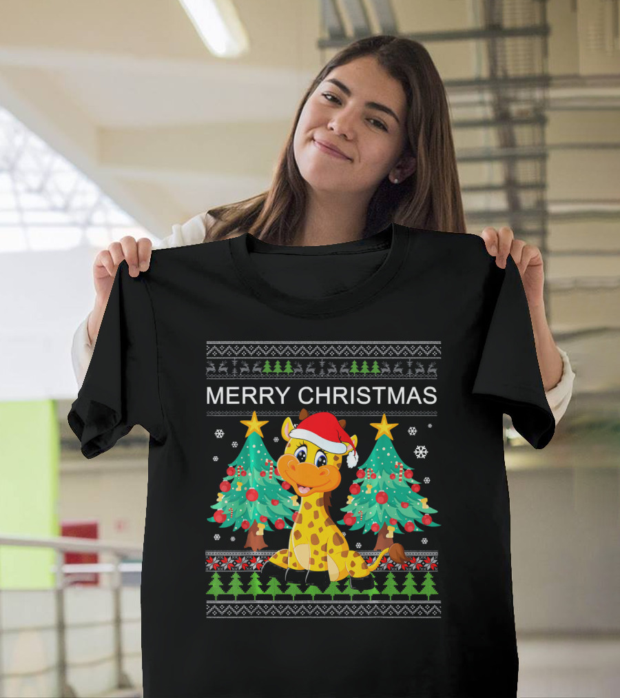 Merry Christmas Giraffe Funny Ugly Christmas Sweater Santa Hat Trees T-Shirt