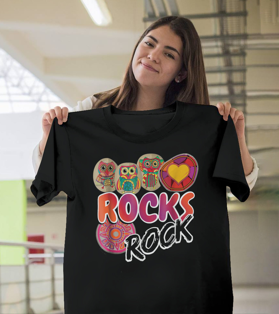 ROCKS ROCK Painting Owls and Heart T-Shirt